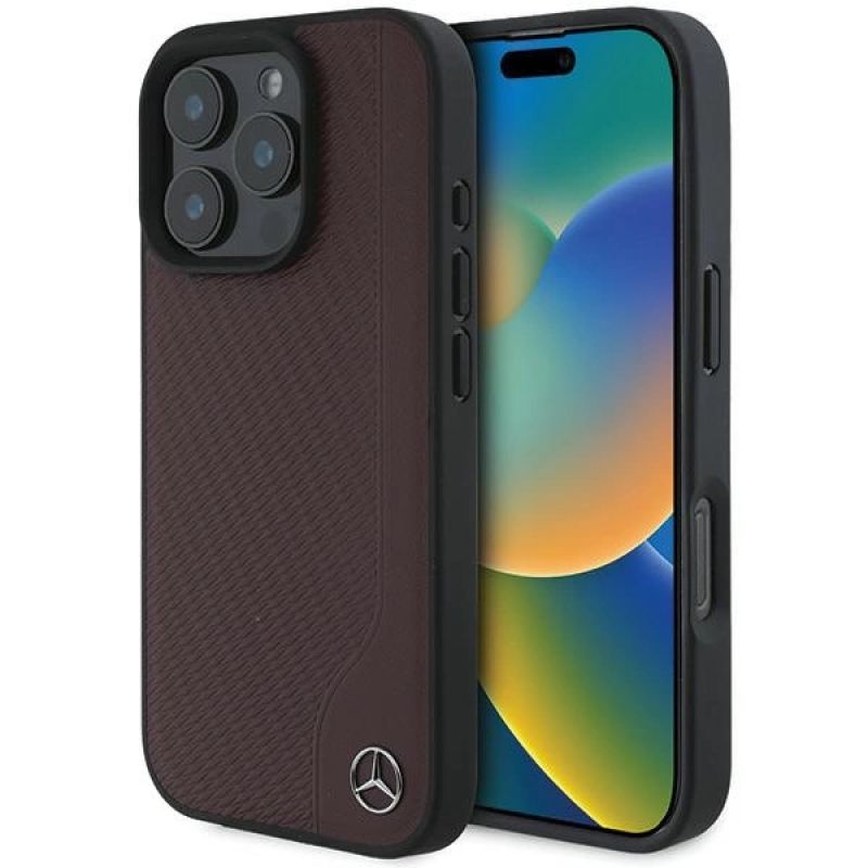 Etui Mercedes MB Wood Imitation Leather MagSafe na iPhone 16 Pro - czerwone