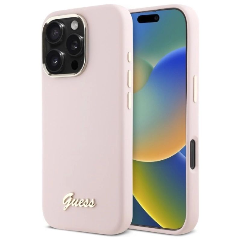 Etui Guess Silicone Script Metal Logo & Frame na iPhone 16 Pro - różowe