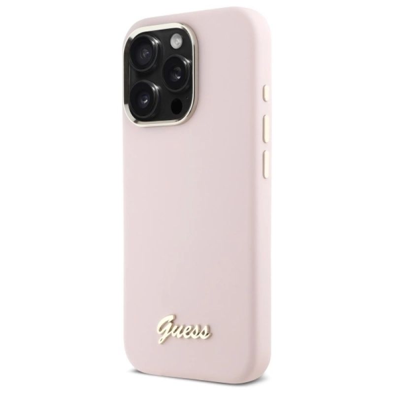 Etui Guess Silicone Script Metal Logo & Frame na iPhone 16 Pro - różowe - obrazek 2