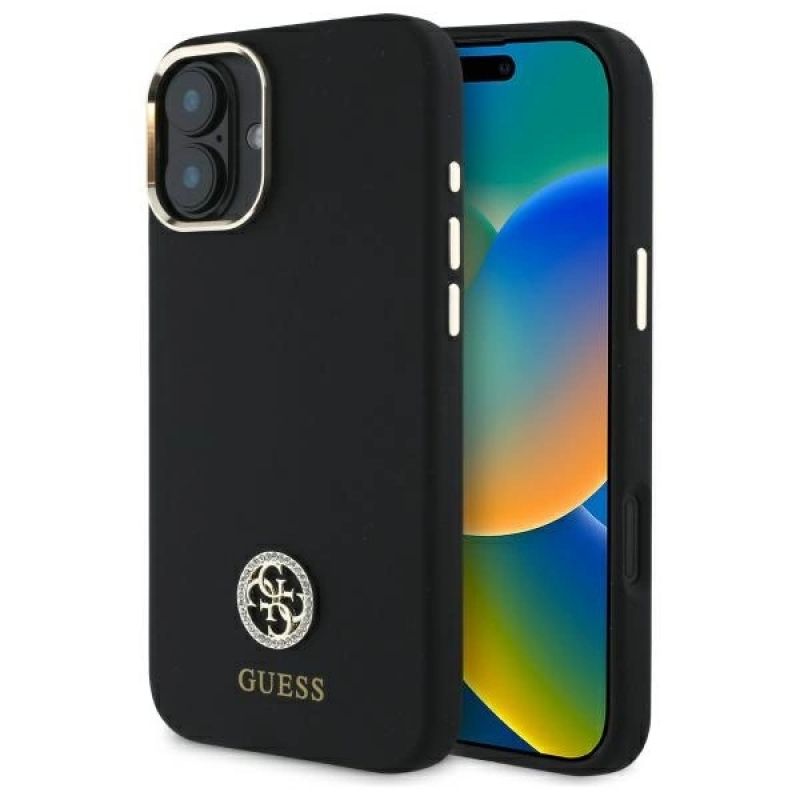Etui Guess Silicone Logo Strass 4G na iPhone 16 - czarne