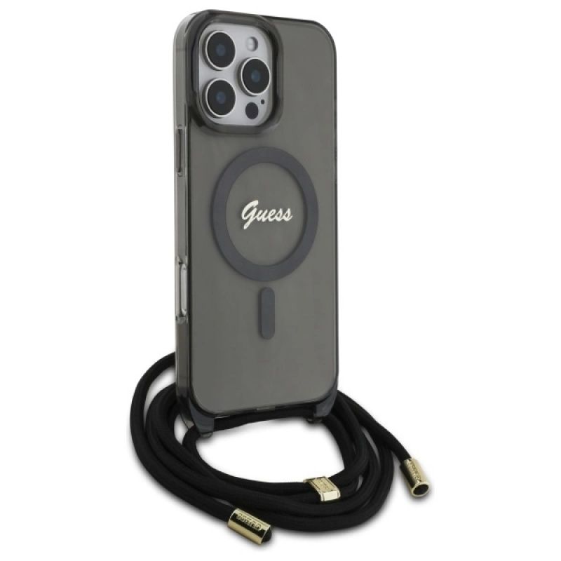 Etui Guess Crossbody Cord Script MagSafe na iPhone 16 Pro - czarne - obrazek 3