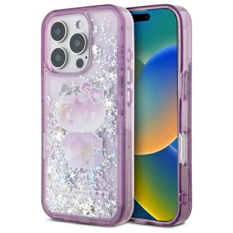 Etui Hello Kitty Liquid Glitter 50TH Anniversary Party na iPhone 16 Pro - fioletowe