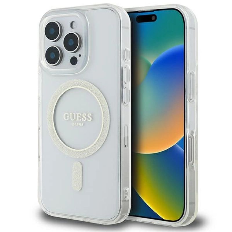 Etui Guess IML Glitter Circle MagSafe na iPhone 16 Pro Max - przezroczyste