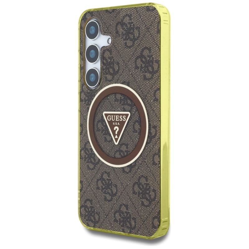 Etui Guess 4G Glitter Triangle Buttons MagSafe do Samsung Galaxy S25 brązowy - obrazek 2