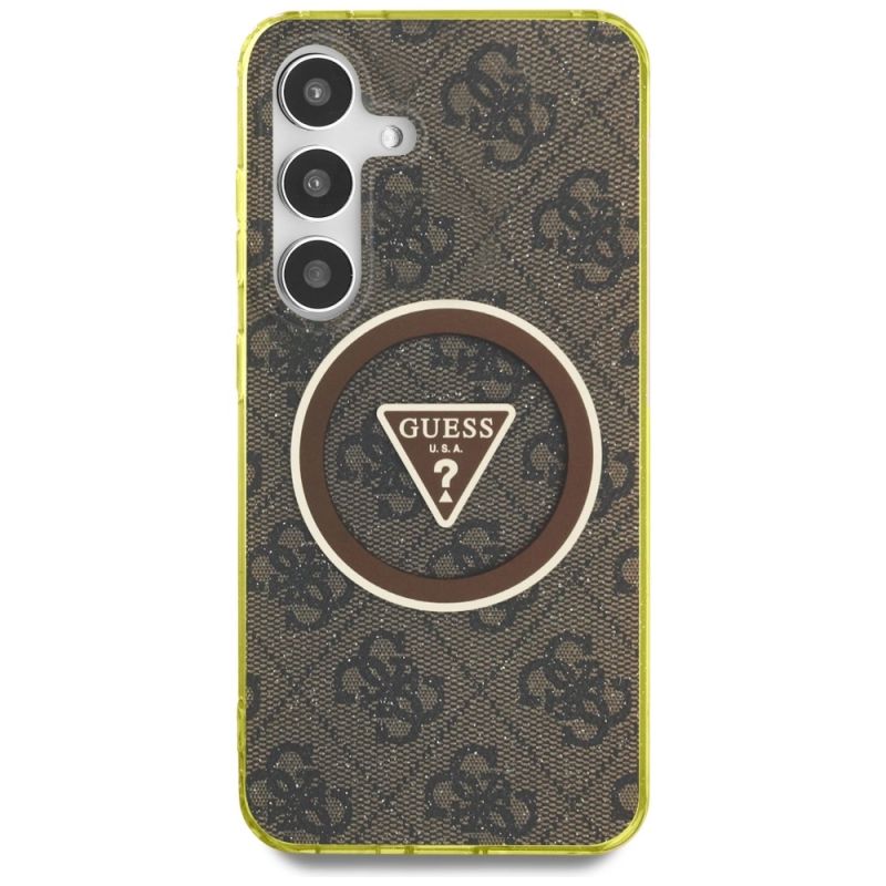 Etui Guess 4G Glitter Triangle Buttons MagSafe do Samsung Galaxy S25 brązowy - obrazek 3