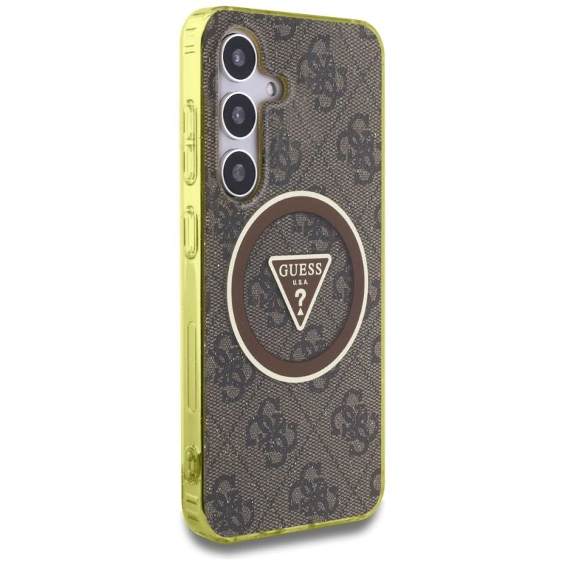 Etui Guess 4G Glitter Triangle Buttons MagSafe do Samsung Galaxy S25 brązowy - obrazek 4