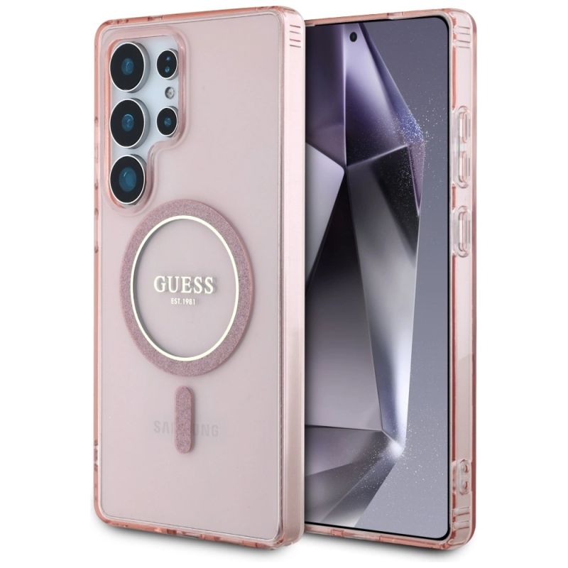 Etui Guess Glitter Circle Classic Logo MagSafe do Samsung Galaxy S25 Ultra różowy
