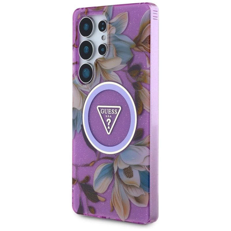 Etui Guess Glitter Flowers Triangle Buttons MagSafe na Samsung Galaxy S25 Ultra - fioletowe - obrazek 2
