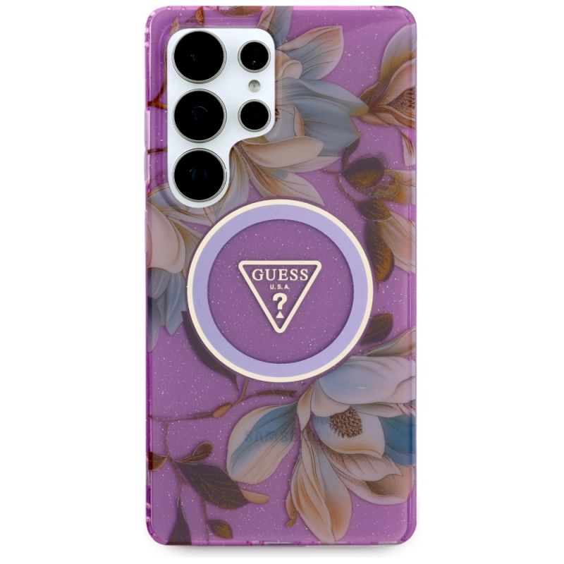 Etui Guess Glitter Flowers Triangle Buttons MagSafe na Samsung Galaxy S25 Ultra - fioletowe - obrazek 3