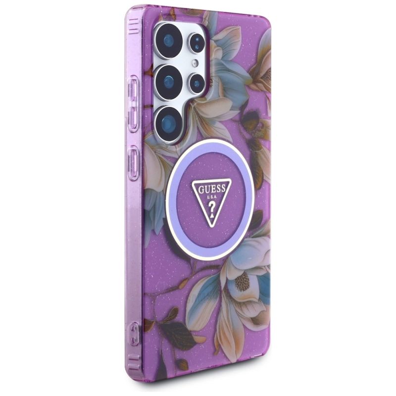 Etui Guess Glitter Flowers Triangle Buttons MagSafe na Samsung Galaxy S25 Ultra - fioletowe - obrazek 4