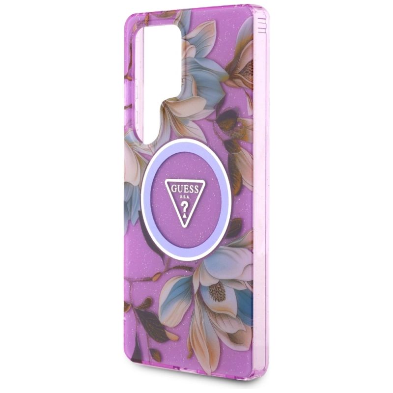 Etui Guess Glitter Flowers Triangle Buttons MagSafe na Samsung Galaxy S25 Ultra - fioletowe - obrazek 6