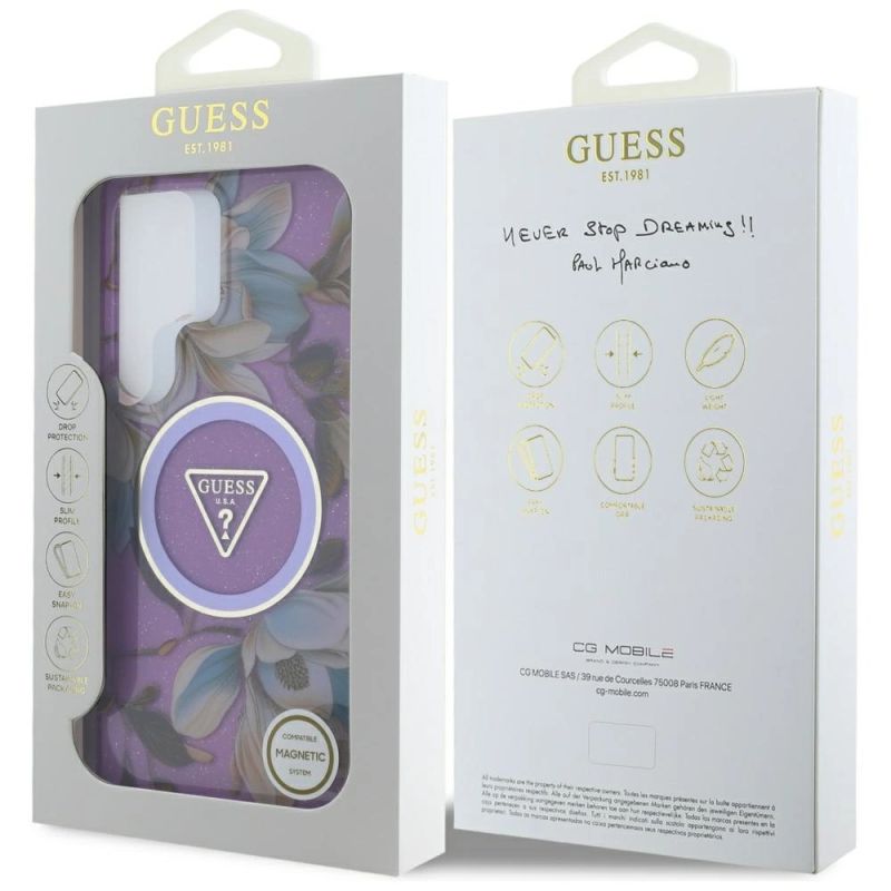 Etui Guess Glitter Flowers Triangle Buttons MagSafe na Samsung Galaxy S25 Ultra - fioletowe - obrazek 8